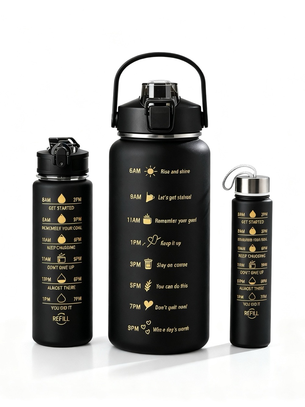 Set of 3 units Motivation Black Water Bottle with Time Marker 64 Oz 23 Oz 8Oz
